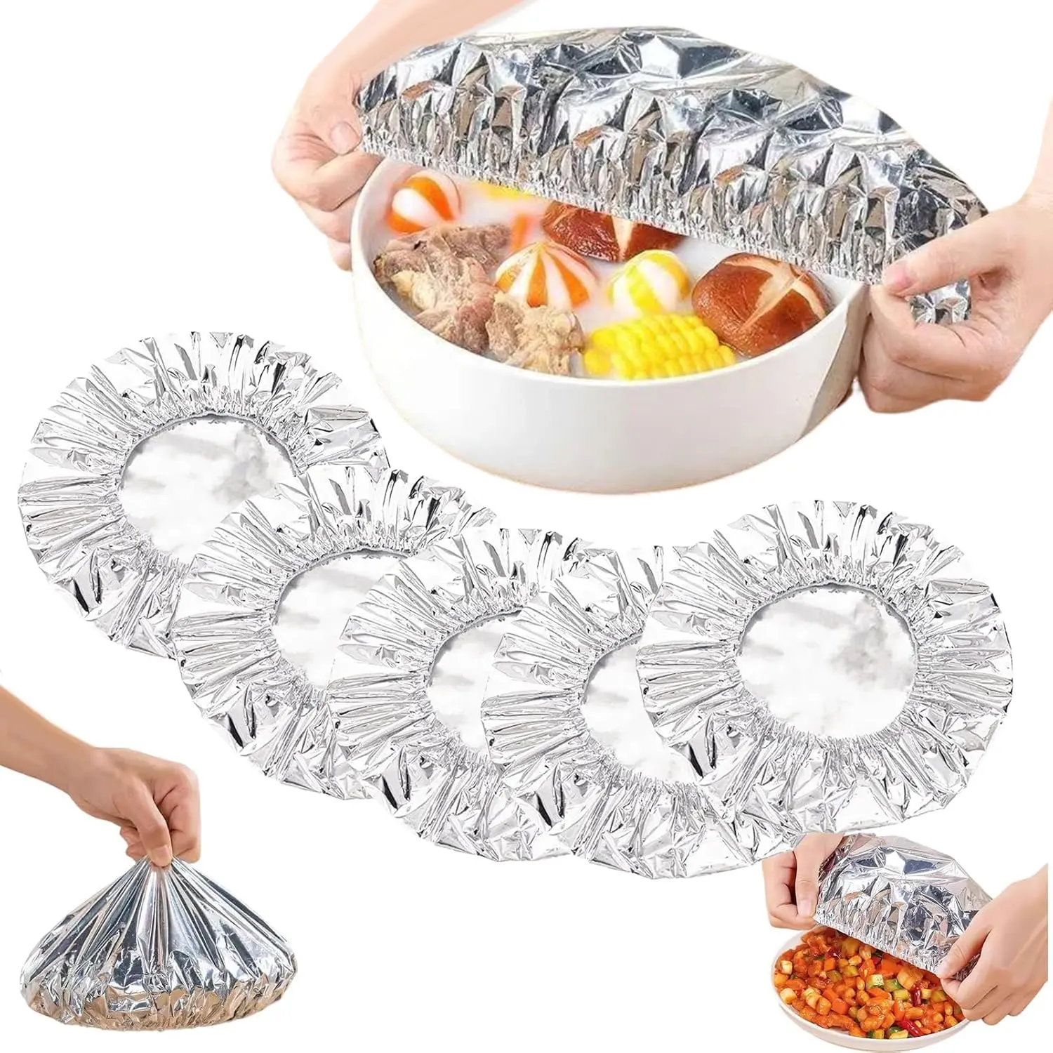 50Pcs Disposable Aluminum Foil Thermal Lids, Premium Aluminum Foil Food Covers, Perfect For Meal Prep, Baking, And Food Storage, With Stretchable Elastic Kitchen Lids.