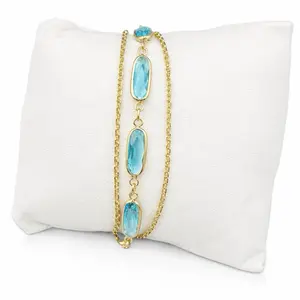 Blue Zircon Bracelet, Gold Plated, 3 Layers, 7 to 8 Inches