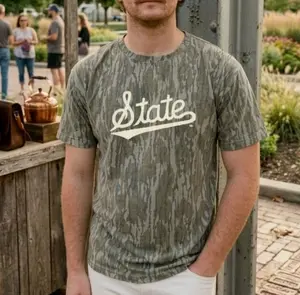 Vintage State Script Camo Tee Shirt, MS State Bottomland Inspired Tee, Retro College Hunting Graphic Shirt