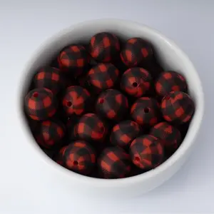 Red and Black Grid Silicone Beads Printed Round Silicone Beads