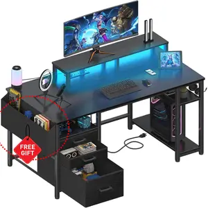 Lufeiya Gaming Desks with Led Lights and Power Outlets, 55 Inch Computer Desk with File Drawers Cabinet, Home Office Desk with Shelves Monitor Stand, Black, Get Free Gift