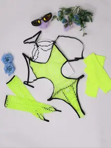 Fluorescent Color Mesh Breathable Slim-Fitting Harness Dress Set, Includes Mesh Bodysuit, Gloves, Leg Socks, Edges Design, Perfect for Parties, Stage Performances, Underwear