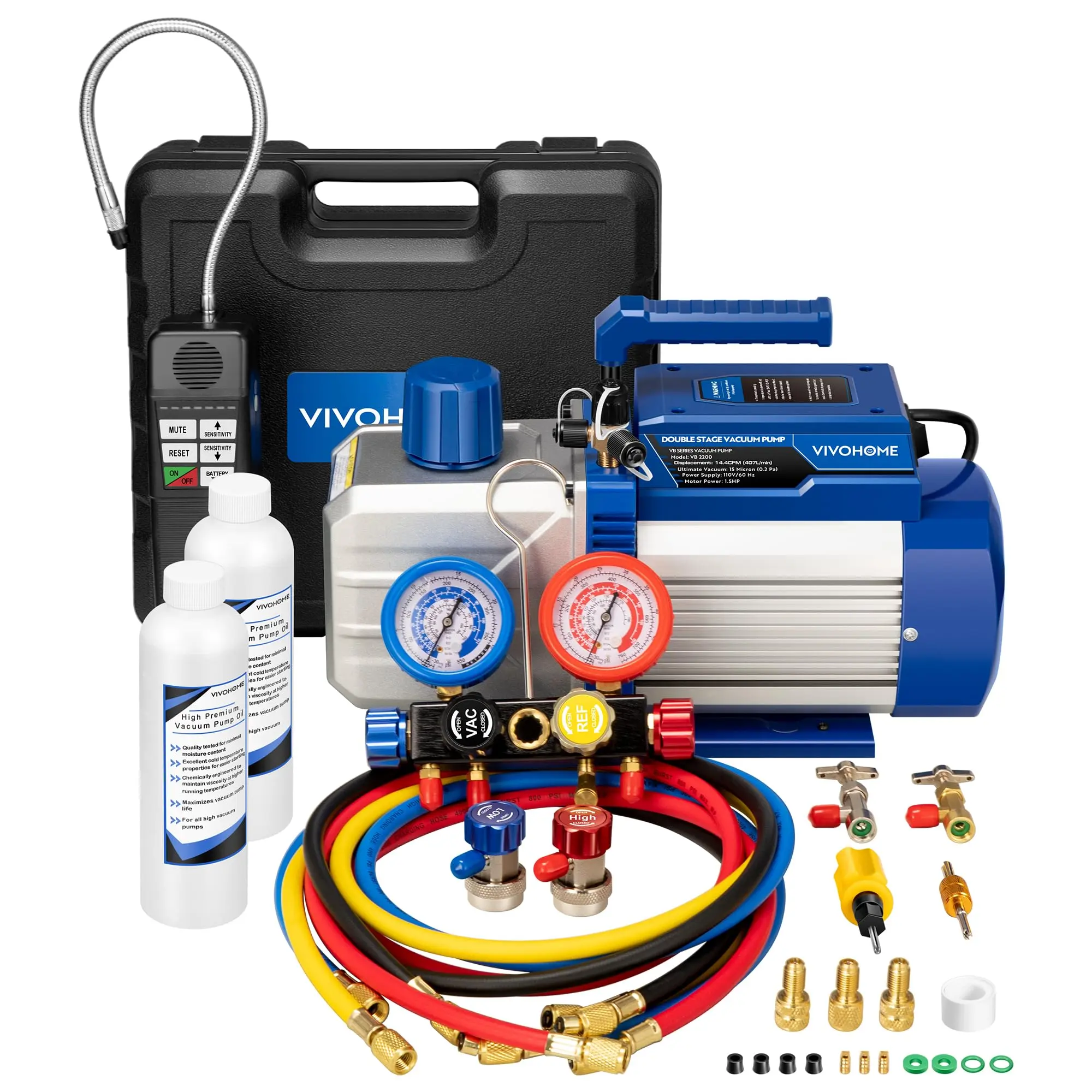 VIVOHOME 1.5 HP 14.4 CFM 2 Stage HVAC Vacuum Pump and 4 Way AC Manifold Gauge Set Kit with Leak Detector 5ft Hoses for R134a R12 R22 R502 R410a Automotive Air Conditioning Refrigeration Recharging
