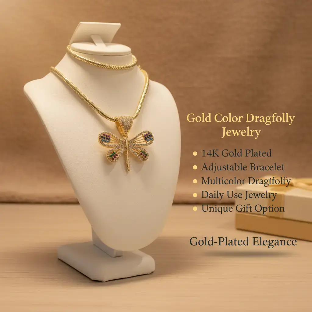 Amtiari Multicolor Dragonfly Set – High Quality 14K Gold Plated Necklace (18”) & Adjustable Bracelet for Daily Use