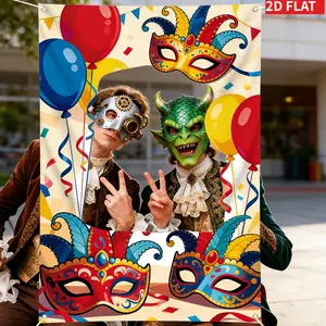 2D FLAT 1 count Party Banner Photobooth Props- 2026 Carnival-Themed Alien Hollow Photo Props, Polyester Fabric Banner Featuring Masks And Balloon Patterns, Suitable for Indoor And Outdoor Family Celebrations, Shopping Malls, Colorful Banner Backdrop