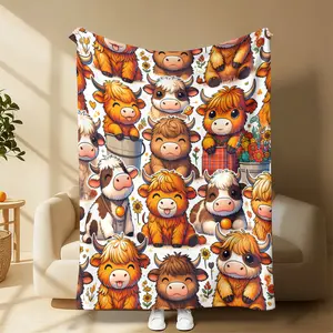 Highland Cow Flannel Blanket Cute Cartoon Cattle Print Soft Warm Cozy Lightweight Decorative Throw Perfect for Sofa Bedroom Office Picnic Camping Gift Suitable for all four seasons Suitable for giving as gifts to friends, parents and children