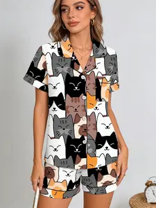 White Cartoon Cat Print Pajama Set for Women, Button Down Short Sleeve, Spring & Summer Loungewear, Black Trim Accents, Cute Cozy Home Outfit, Pjs, Pyjamas, Womenswear