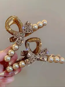 Faux Pearl & Rhinestone Decorated Hair Claws, Elegant Bow Design Hair Accessories for Women & Girls, Trendy All-match & Exquisite Hair Claws for Daily Use, Hair Clip