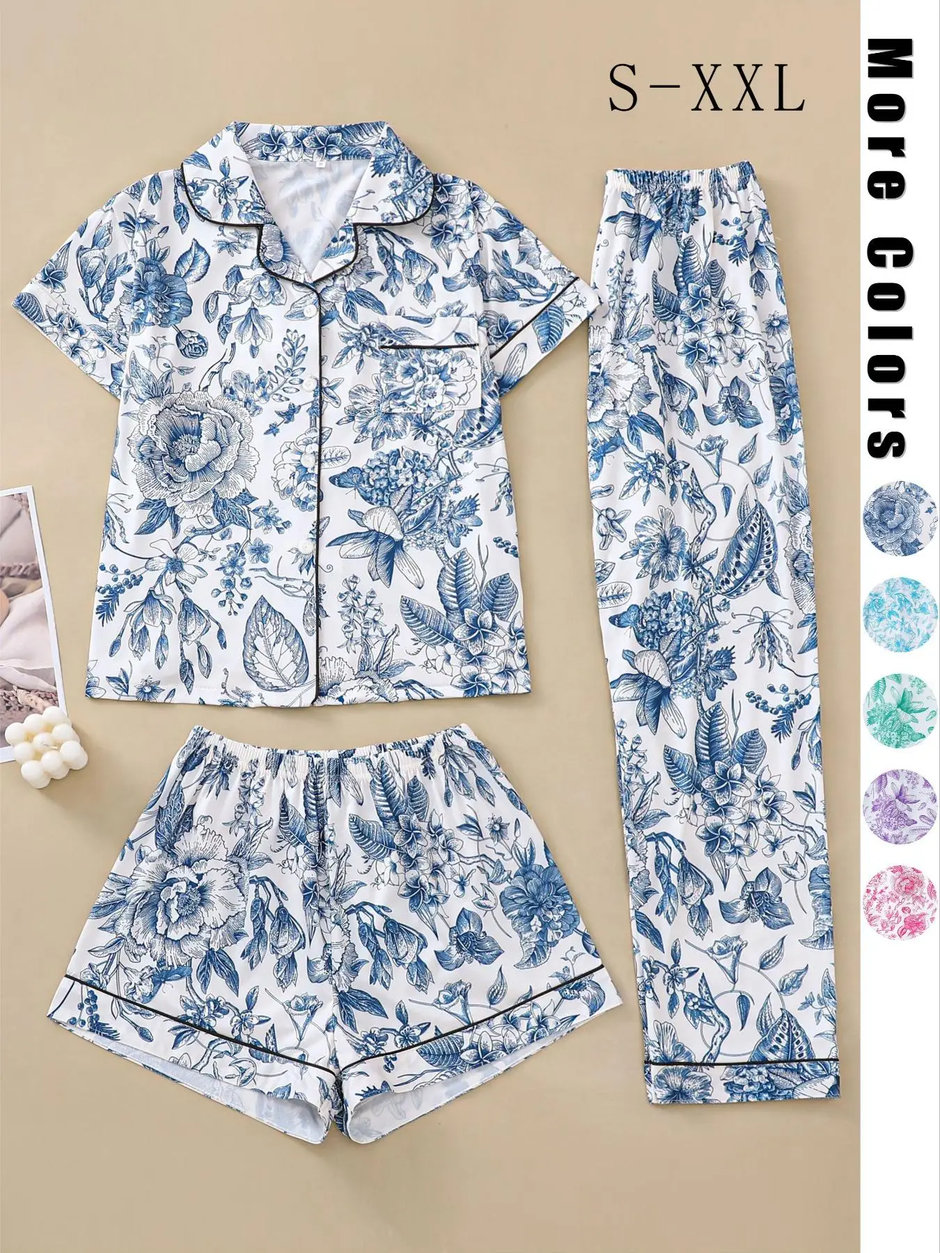Three-Piece Set Women's Floral Print Button Front Pocket Blouse & Elastic Waist Shorts & Contrast Binding Pants Pyjama Set, Fall Casual Comfy Breathab