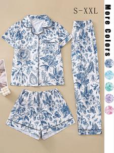 three-piece set women's floral print button front pocket blouse & elastic waist shorts & contrast binding pants matching pyjama set, fall casual comfy breathable three-piece pj set for daily wear, ladies sleepwear for fall, pajama sets, womenswear