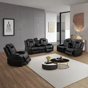 Vera Black Breathing Faux Leather Electric Recliner Sofa Set with Armrest Storage & USB Charging - 160-Degree Recline, Built-in Coffee Table, Reading Light, Wireless Charging Pads