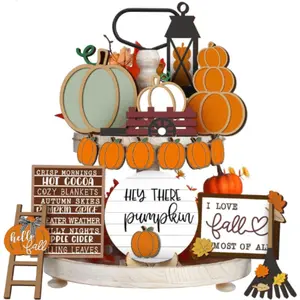 Autumn Layered Tray Decor Set, Rustic Harvest Theme Table Centerpiece, Wooden Sign, Pumpkin, Maple Leaf, Stair Ornament, Warm Thanksgiving Home Decor
