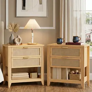 Aesthetic Boho Nightstand Set of 2 | Wood Bedside Table with Drawers & Shelf | Bedroom Decor Upgrade