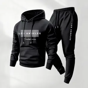 Men's 2-Piece Los Angeles Print Menswear Sweatsuit - Soft Polyester Long Sleeve Hoodie, Drawstring Sweatpants, Loose Athleisure Set for Fall Winter Sports Daily Use