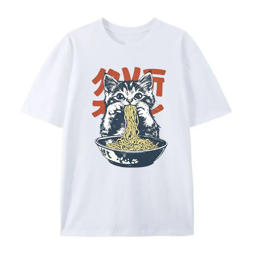 Women's Basic 100% Cotton Short Sleeve T-Shirt - Japanese Novelty Ukiyo-e Anime Style, Ramen Cat Graphic, All Seasons Casual Foodie Top, Anime Women's T-Shirts, Do Not Tumble Dry