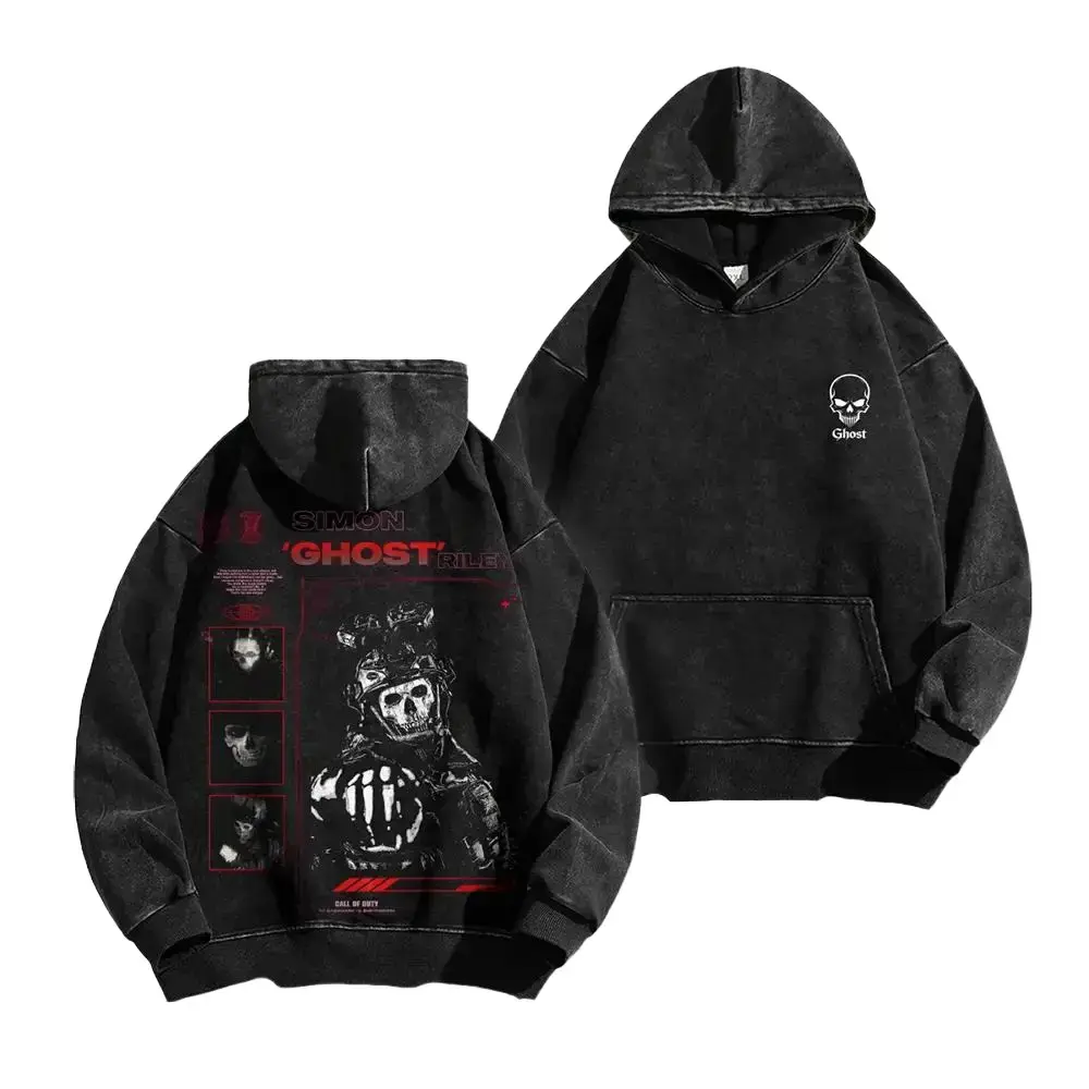 Superstyle Acid wash hoodie Simon "Ghost" Riley Skull Mask Warrior COD: Modern Warfare II Edition Long Sleeve Cotton Unisex Vintage Gym fit man retro fashion Womenswear Breathable