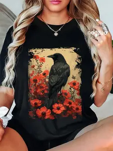100% Cotton Unisex Gothic Raven Rose Enchanted Vintage Floral Crow T-Shirt Casual Top