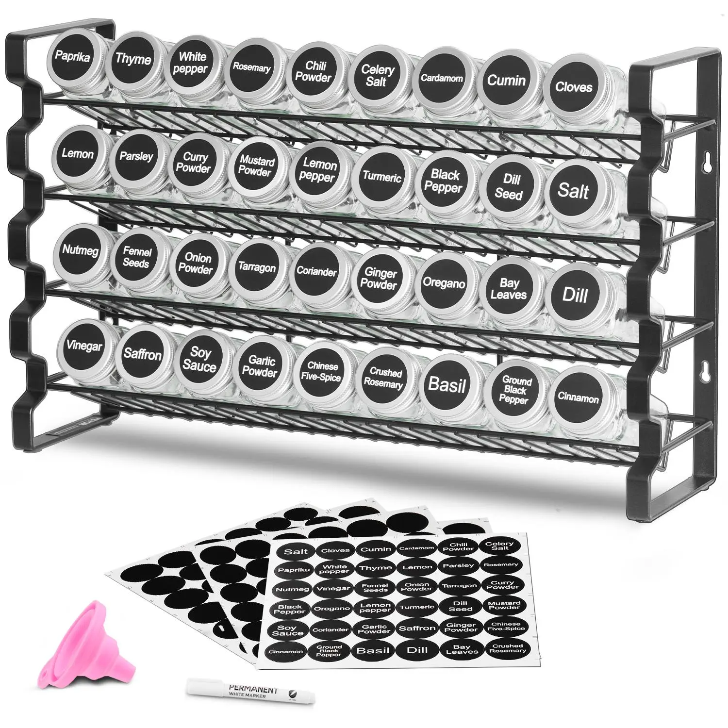 VEVOR Spice Rack Organizer for Cabinet, Spice Organizer with 36 Empty Spice Jars, Lids, Spice Labels, and Funnel Complete Set, Seasoning Organizer for Countertop, Kitchen, Pantry, Cupboard, 18x11 in