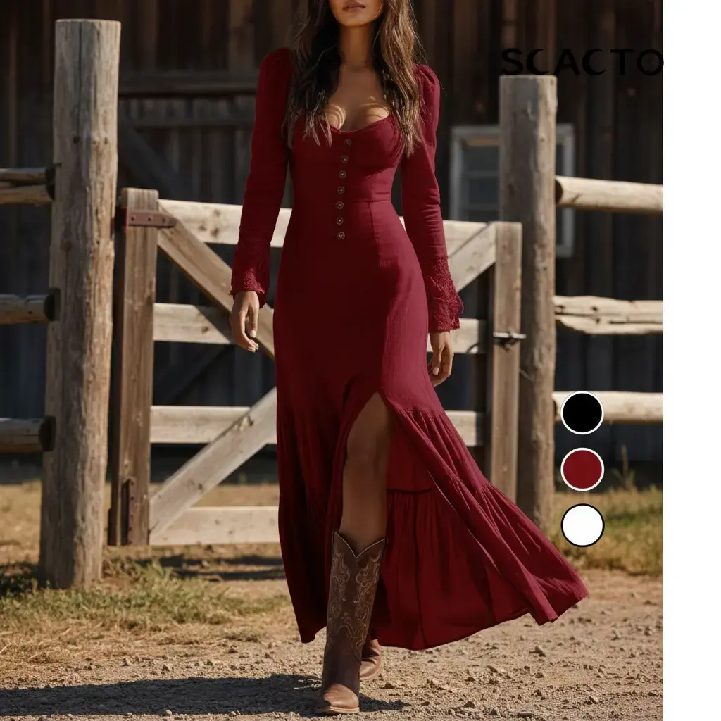 knee length dresses for ladies Baha Ranch Retro Pop Western Bodycon Side Slit Maxi Dress White / M