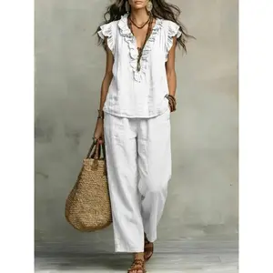 Women's 2 Piece Cotton Linen Outfits V Neck Ruffle Flutter Sleeve Top and Wide Leg Pants Set Casual Loose Boho Summer Vacation Matching Lounge Set