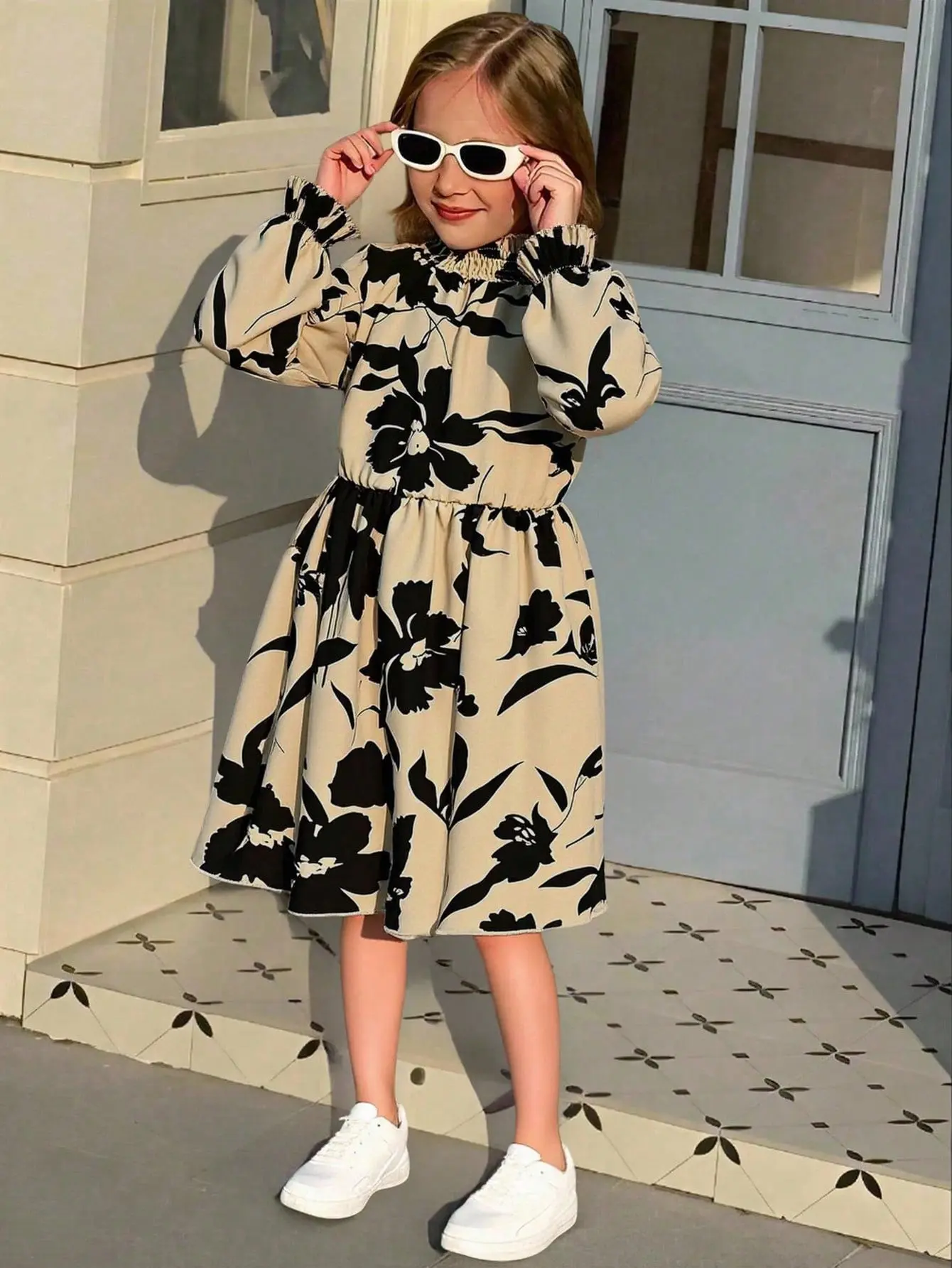 Charming Long Sleeve Floral Dress for Toddlers & Girls ChicRuffle Neck Elegant Black/Beige Botanical Print Perfect for Fall/Spring School or Parties, Toddler Dresses, Child-Sized Casual Dresses