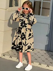 Charming Long Sleeve Floral Dress for Toddlers & Girls ChicRuffle Neck Elegant Black/Beige Botanical Print Perfect for Fall/Spring School or Parties