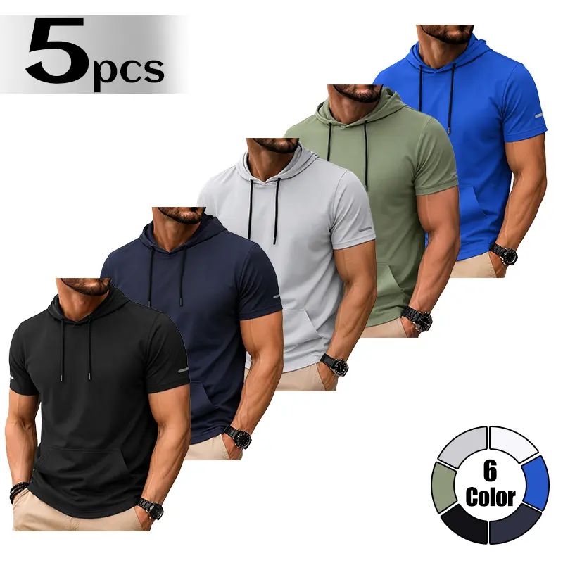 LIFE KEEPS MOVING Men’s Sports Hooded T-Shirt 5-Pack, kangaroo pocket design, short sleeves suitable for running, fitness, fishing, outdoor activities, and everyday commuting; multiple colors that are easy to match.