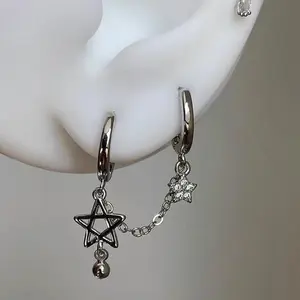 1PCS Silver Color Star Chain Double Ear Hole Stainless Steel Ear Bone Nail Y2K Fashion Hottie Earrings for Women Jewelry