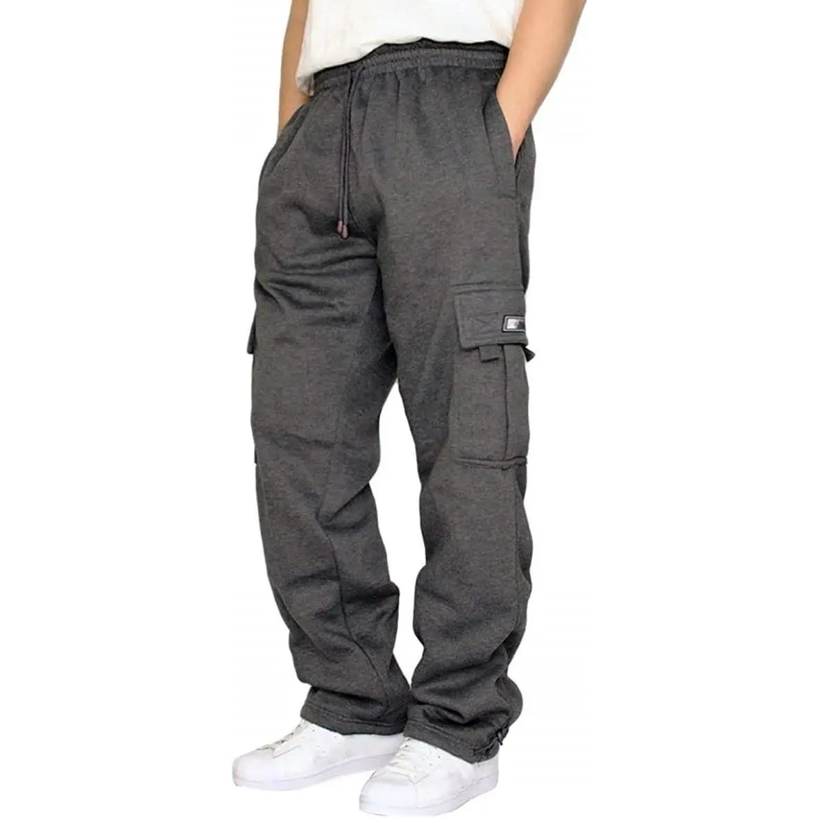 Men's Heavyweight Fleece Cargo Sweatpants - Baggy Cuffed Unisex Athletic Joggers with 2 Deep Slant Pockets, Utility Pocket, Velcro Flaps for Hiking, Lounging, Travel Days