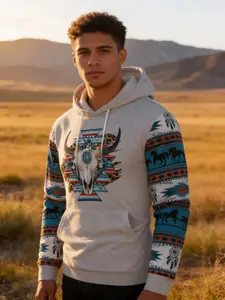 Men's Horse Pattern Drawstring Athletic Hoodie Long Sleeve Pocket Casual Sportswear, Spring/autumn, Loose-Fitting Geometric Style