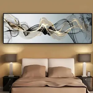 BlackGold Abstract Ribbon Oil Painting, Modern Luxury Artistic Canvas Wall Art, Nordic Minimalist Frameless Mural for Living Room Bedroom Home Decor Decoration