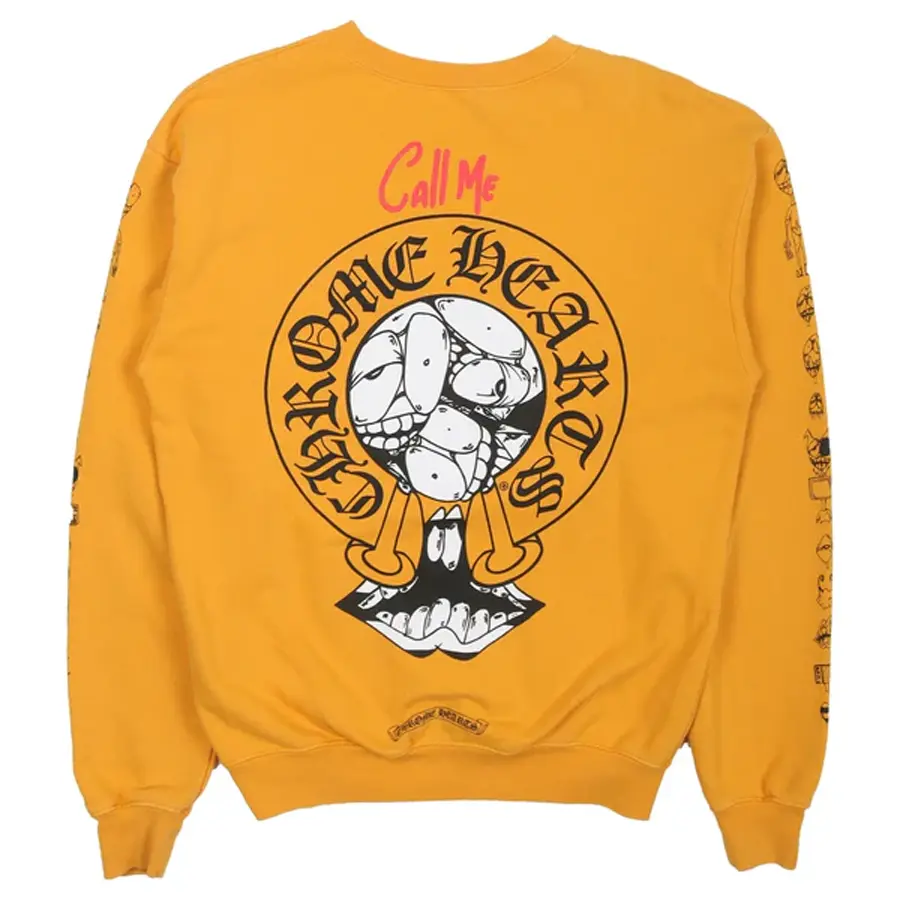 Call Me Sweatshirt, Orange Cartoon Hand Graphic Crewneck, Back and Sleeve Print, Unisex Oversized Streetwear Pullover