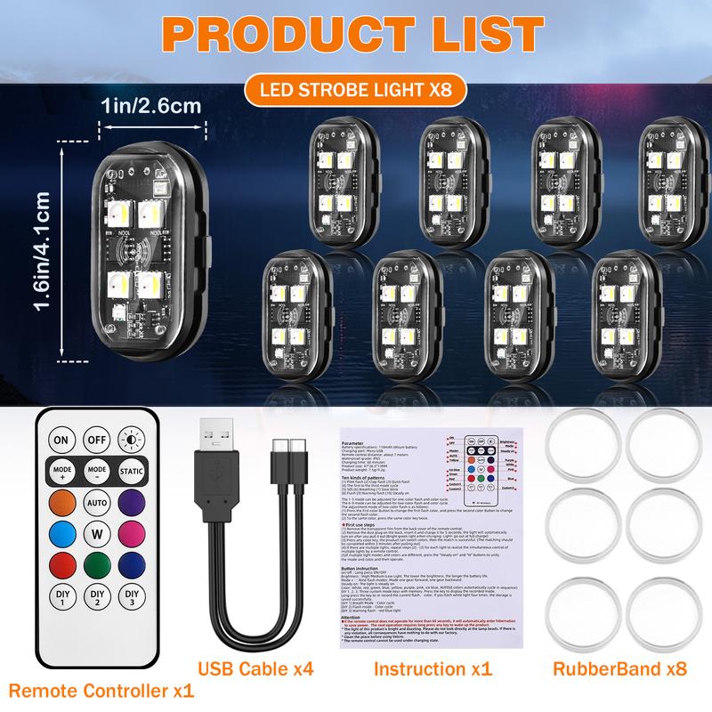 8 PCS RGB strobe lights, wireless flashing safety warning lights, multi-functional decorative lights, suitable for bicycles, cars, toys, etc. (includes 4 LED beads).