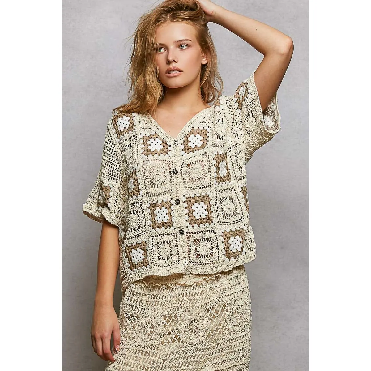 POL Clothing V-Neck Granny Square Button Up Short Sleeve Top, Fabric, Bohemian Chic