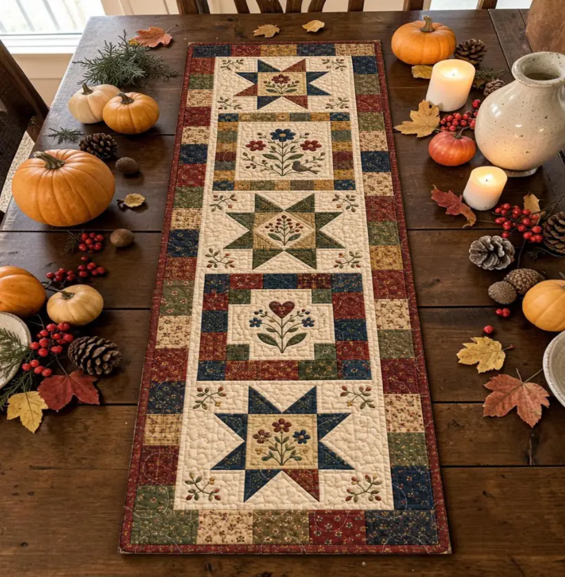 Primitive Star Quilted Table Runner, Red Navy Patchwork Quilt Home Decor, Folk Art Dining Decor With Floral Blocks And Country Border Art