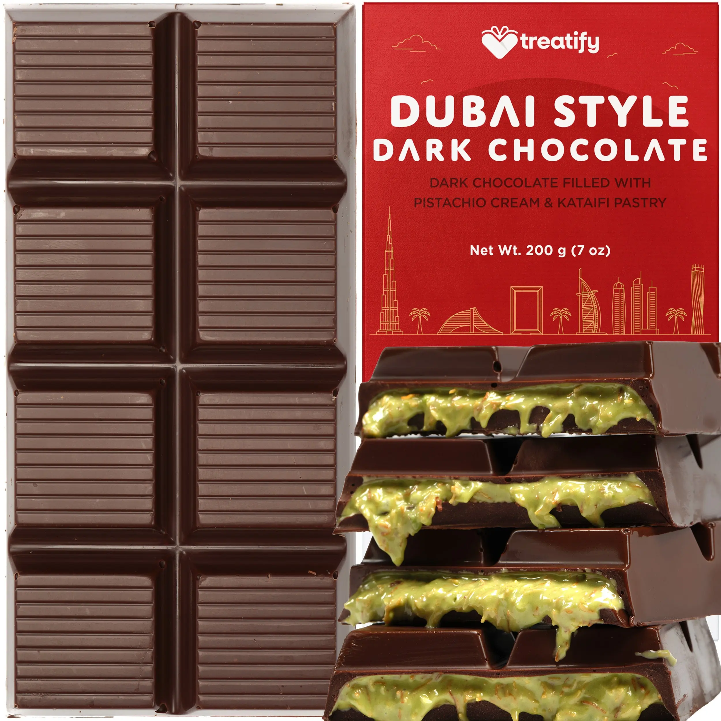 Treatify Dubai Chocolate, Dark Dubai Chocolate Bar Pistachio Gift Box, 7oz