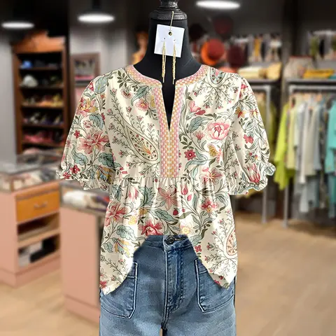 Cherrybetty Embroidery Vintgae Floral Print Puff Sleeve Top Bohemian Womenswear Blouse Casual cute tops going tops women's summer outfits cute summer outfit Checkered Fluffy Ruffled flowy tops casual summer tops boho plus size tops Paisley Shirts Outdoorf