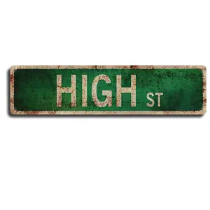 Vintage High St Metal Tin Sign 4x16 Inch Distressed Green Street Road Sign Wall Decor for Home Bar Pub Garage Man Cave Funny Room Aesthetic Novelty Art Poster Plaque Gift