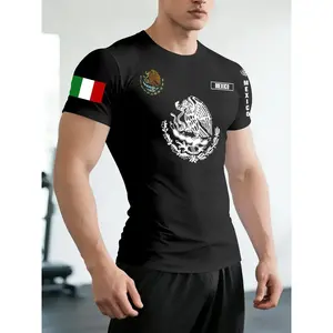 Men's Mexican Coat of Arms Short Sleeve T-Shirt, Casual Workout Tops, Gym T Shirts, Casual Round Neck Top, Comfortable Fashion, Ideal for Daily Fitness and Sports