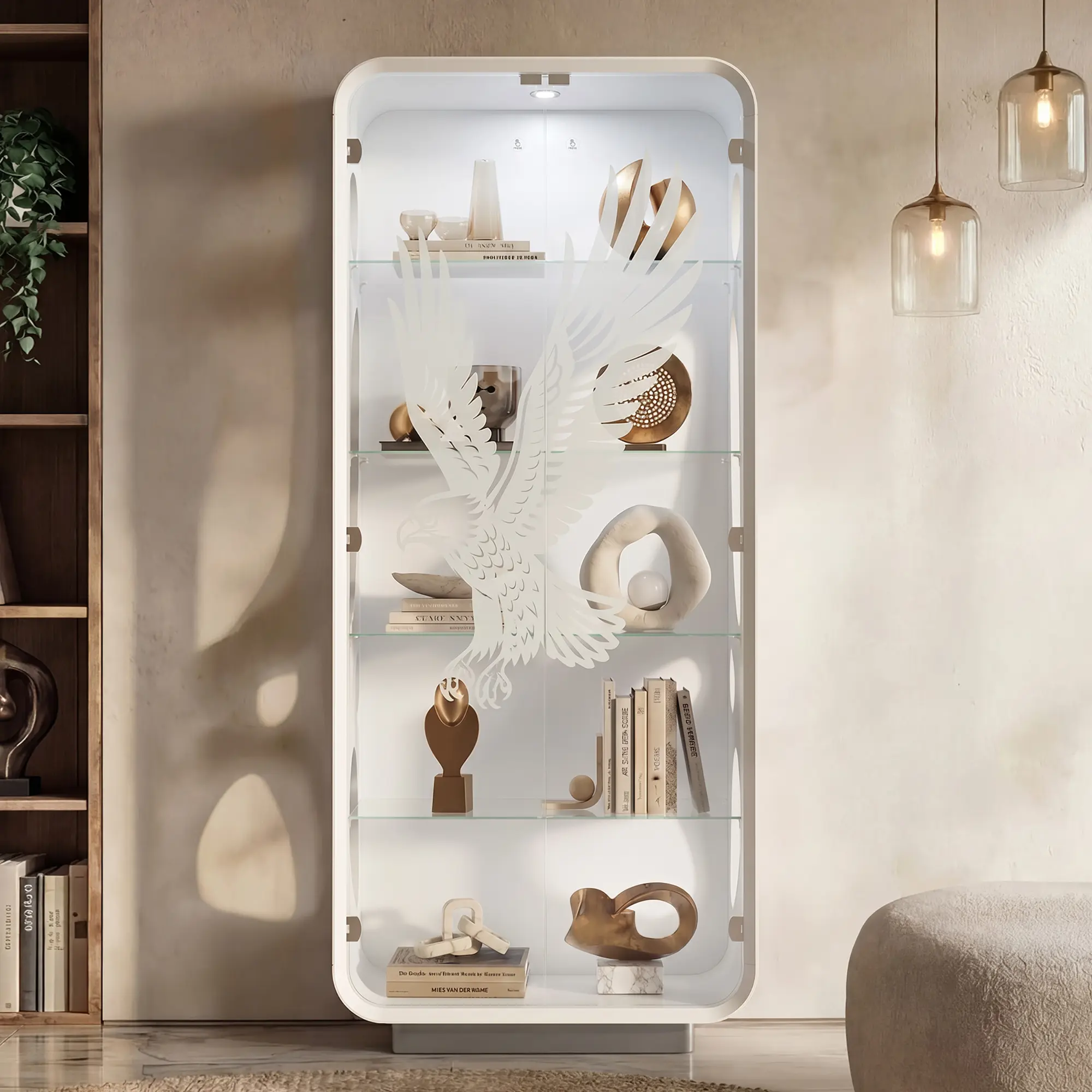 FUFU&GAGA 74" Tall White Display Cabinet with Eagle Frosted Tempered Glass Doors, Push-To-Open Soft Close Curio Cabinet with COB Spotlight & 4 Adjustable Glass Shelves for Living Room Decor Collectibles