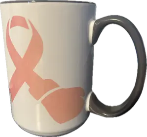 White and Grey ceramic mug with pink GNOME and pink cancer ribbon w/ boxing glove