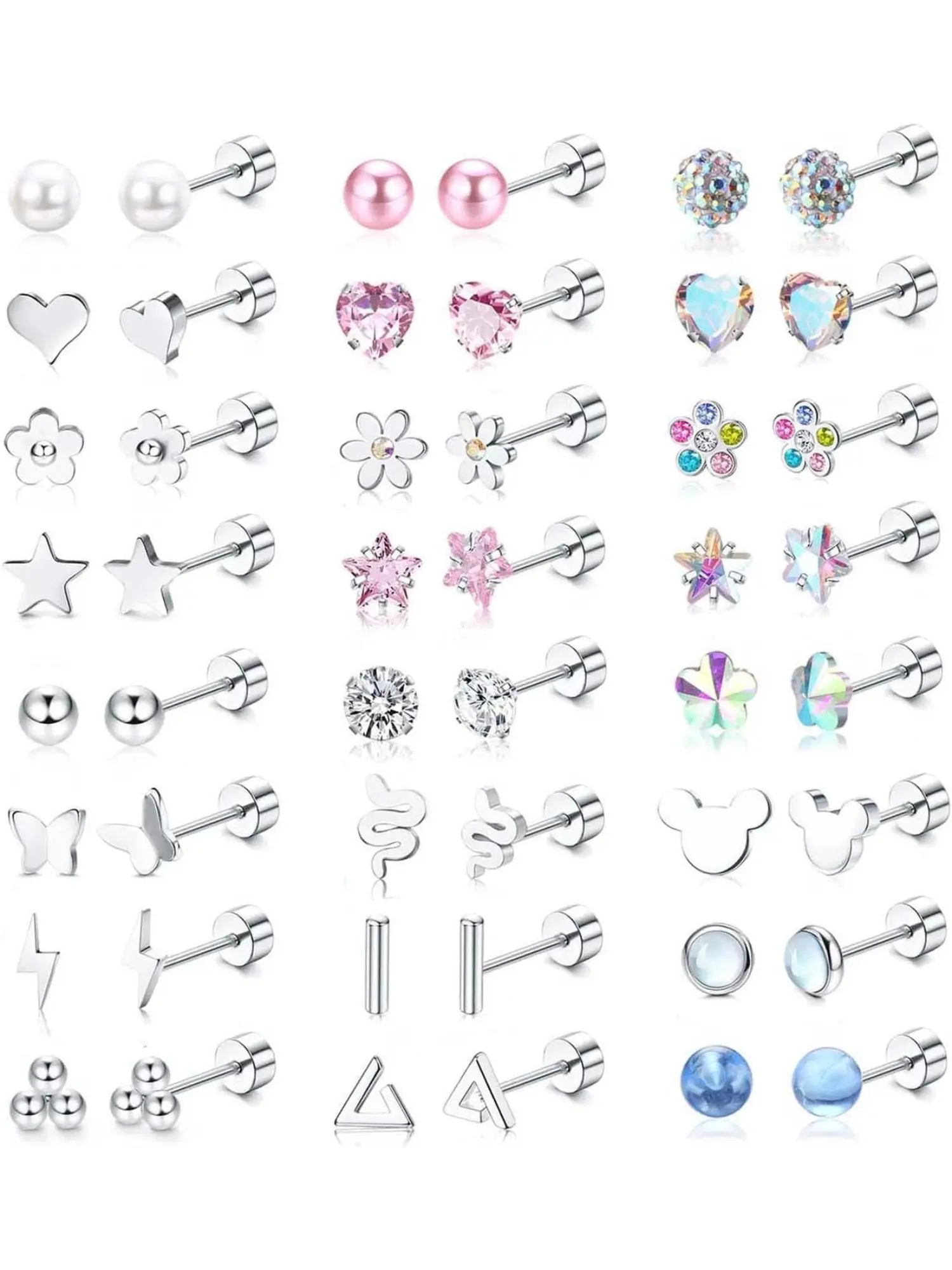 24 Pairs Hypoallergenic Stud Earrings for Women Girls Surgical Steel Flat Back Earrings Flat Back Studs Cartilage Stud Cute Tiny CZ Heart Star Ball Flower Earrings Set 20G Trendy Fashionable Accessories Stainless Steel Earrings