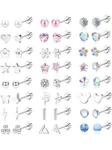 24 Pairs Hypoallergenic Stud Earrings for Women Girls Surgical Steel Flat Back Earrings Cartilage Stud Cute Tiny CZ Heart Star Ball Flower Earrings Set 20G Trendy Fashionable Accessories Stainless Steel Earrings