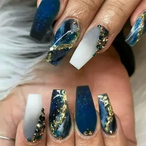 24pcs Deep Blue Marble Nail Art False Nails, European Style Ballerina Medium Glossy Finish, Daily Commute Party Use