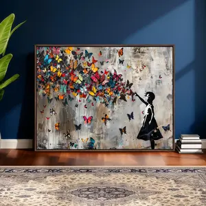 [sale off up to 40%] [Frame Canvas] Banksy Inspired Butterfly Girl Canvas Print, Framed Graffiti Wall Art, Street Art Painting, Modern Abstract Canvas, Urban Decor
