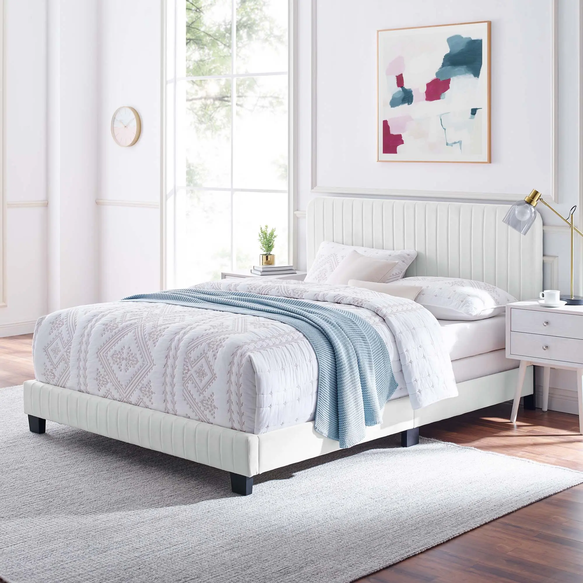 Modway Celine Glam King Bed - Channel Tufted, Soft Velvet Bed Frames, Memory Foam Support, 900 lbs Weight Capacity, White, Ideal for Guest Bedroom