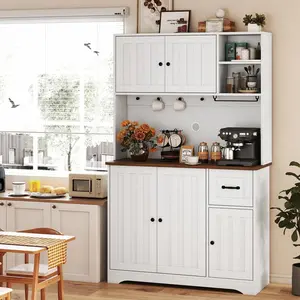 71" Tall Kitchen Pantry Cabinet - 8 Compartments, Waterproof Countertop & Anti-Tip Design | Adjustable Shelves, Deep Drawer & Cup Holders for Appliances, Max Storage in Small Spaces!