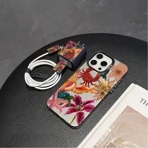 Beaded Heart Floral Phone Case Set, Includes Charger Cover & Cable Protector, Anti-Drop Tpu Shell for iPhone Models