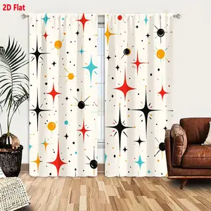 2D Flat 2-Pack Retro Mid-Century Modern Curtains, Light Cream Background with Bold Red/Black/Yellow/Blue/Orange Starburst & Dot Pattern, Playful Vibrant Textured Window Drapes for Living Room Bedroom, Room Decor Curtain