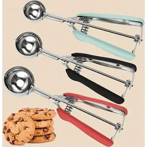 3-Piece Baking Scoop Set with Ergonomic Handles - Stainless Steel Cookie Dough Scooper - 1 Tbsp / 2 Tbsp / 3 Tbsp Measuring Tools - Non-Slip Grip for Cupcakes, Muffins, Ice Cream - Dishwasher Safe